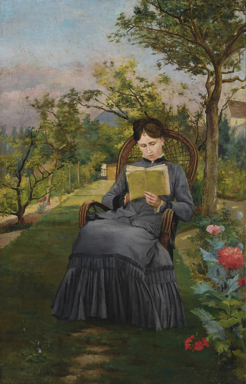 A woman in a long, dark dress reads a book while sitting in a chair in a lush garden. She is surrounded by trees and vibrant flowers, creating a serene atmosphere.