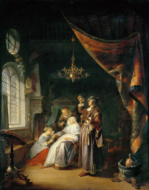 A dimly lit room with a sick woman in a chair attended by three people. A figure in elegant robes holds a flask.