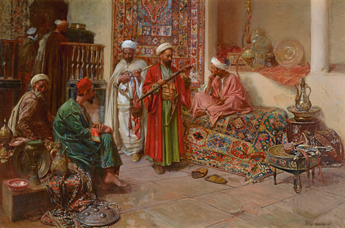 A visually rich scene depicts five men in traditional Middle Eastern attire inside a market, surrounded by vibrant carpets and ornate pottery, engaging in discussion.