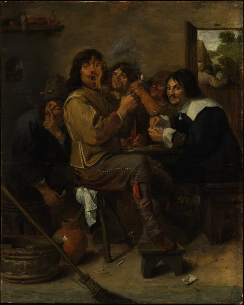A group of animated men gather around a table in a dimly lit room, laughing, drinking, and smoking.