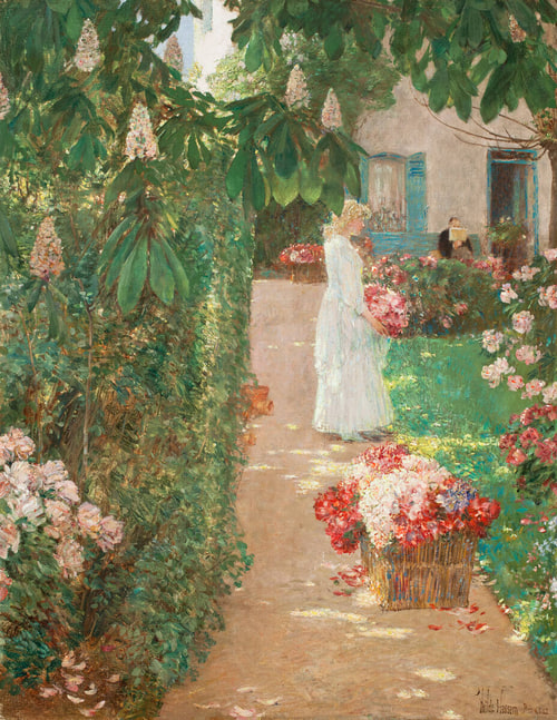 A serene garden scene with lush greenery. A woman in a white dress holds pink flowers on a sunny path, surrounded by blooming bushes and a basket of flowers.