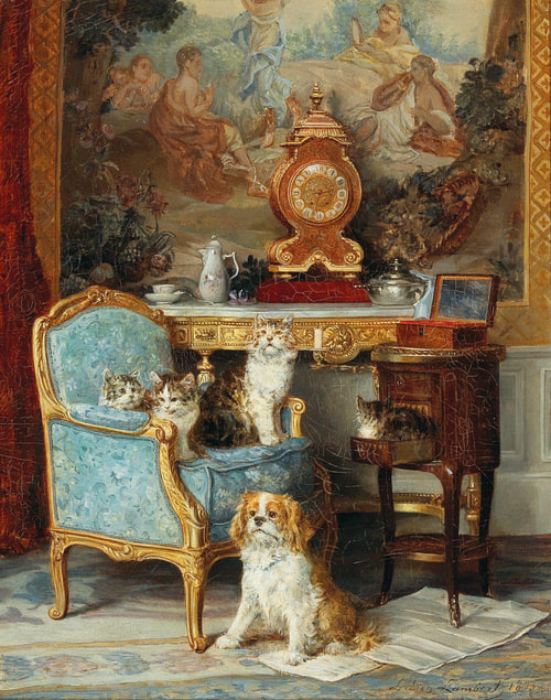 Opulent room with ornate gold furnishings, three cats on a blue armchair, a small dog on the floor, and a grand clock on the desk. A serene, classical mural adorns the wall.