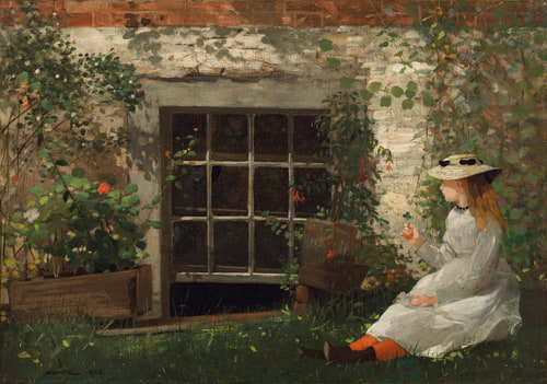 A girl in a white dress and hat sits on grass near a window surrounded by lush plants and ivy.