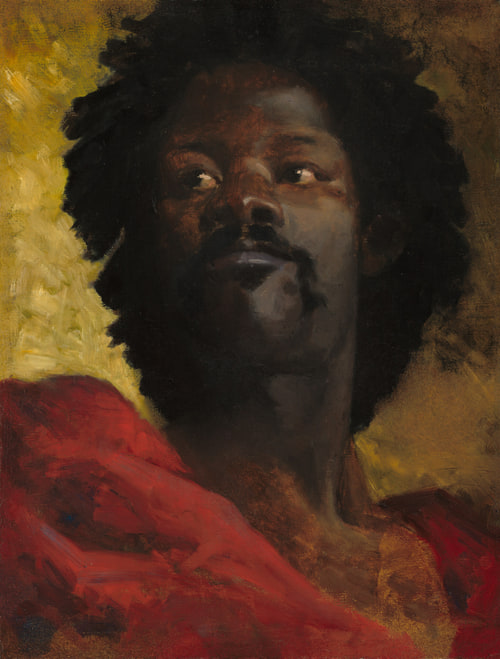 A portrait of a man with dark, curly hair, gazing upwards, wearing a red garment against a warm yellow background.