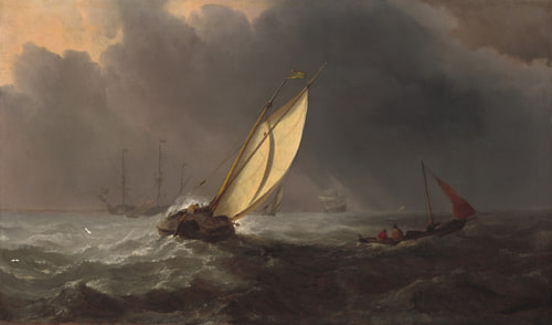 Sailboats tilt on choppy gray waves under dark clouds, sunlight catching a yellow sail as seabirds skim the water.