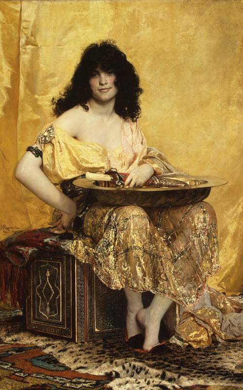A woman in an ornate yellow and gold dress sits against a yellow backdrop. On her lap is a tray with a sheathed short sword which she holds with her left hand, exuding a serene and confident demeanor.
