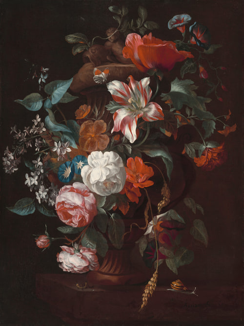 Lush bouquet in bronze urn with roses, tulip, poppy, insects and snail on stone ledge, set against a dark shadowy background.