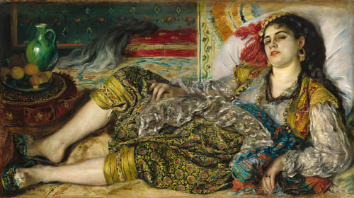 Reclining woman wearing a white blouse, red vest, and patterned pants lies on pillows.