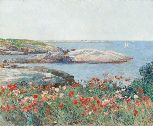 Coastal scene with vibrant red and pink flowers in the foreground, rocky shoreline, and calm blue sea with distant sailboats under a clear sky.