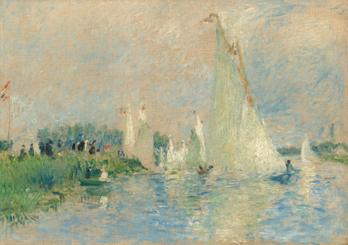 Impressionist painting of sailboats on a river, with spectators on a lush, grassy bank. The scene is serene and bathed in soft pastel hues.