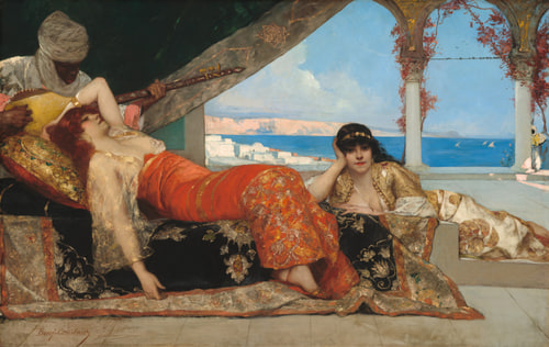 A man playing a lute is seated behind two women lounging in colorful, ornate clothing. One woman reclines on a couch, while the other rests her head on her hand, with a scenic view of the sea and architecture in the background.
