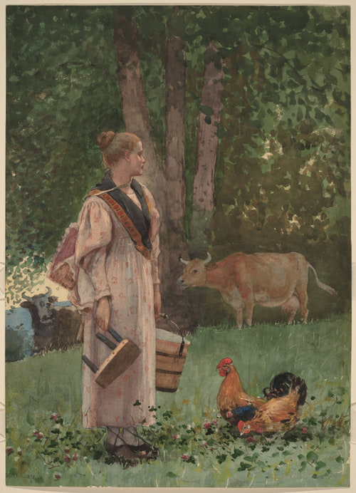 Young woman in pink dress holding stool and pail stands with cows and chickens on a hill.
