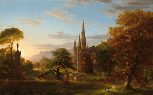 Sunlit landscape featuring a stone church and a procession carrying an armored man on a stretcher.