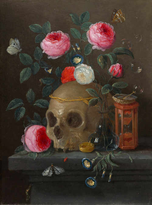 A still life featuring a skull adorned with a crown, surrounded by pink roses, a glass hourglass, a small gold container, and various butterflies. Bubbles are floating around the arrangement.