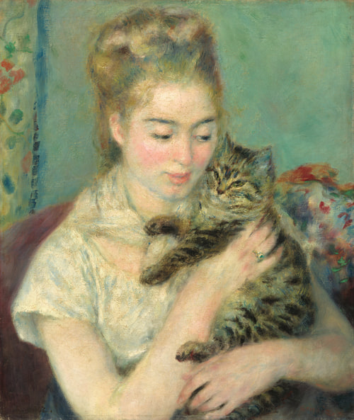 Young woman in white sits in armchair, cuddling a striped cat against a soft green background with colorful brushstrokes.